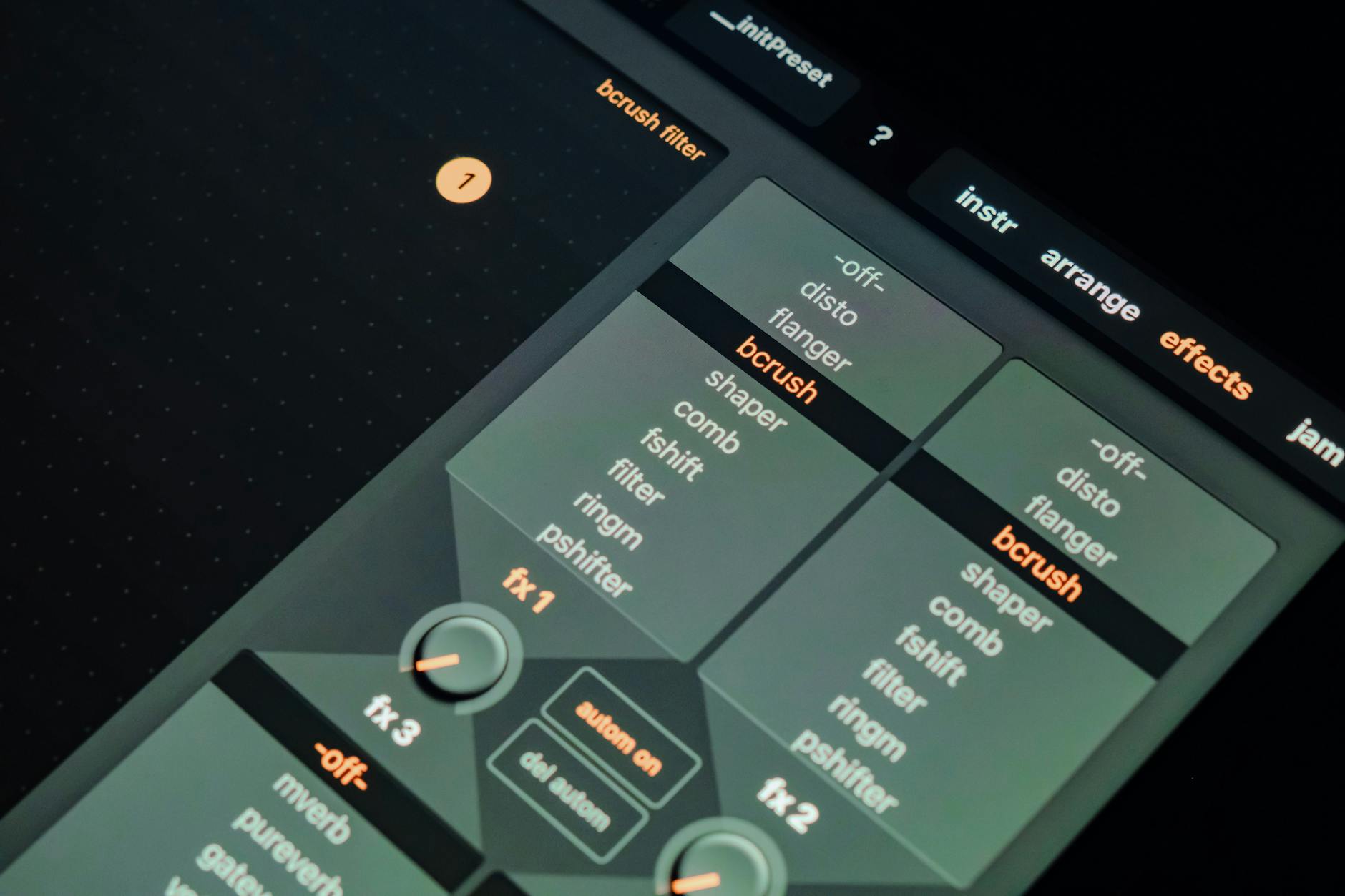 Close-up of digital music production interface showing various sound filter settings.