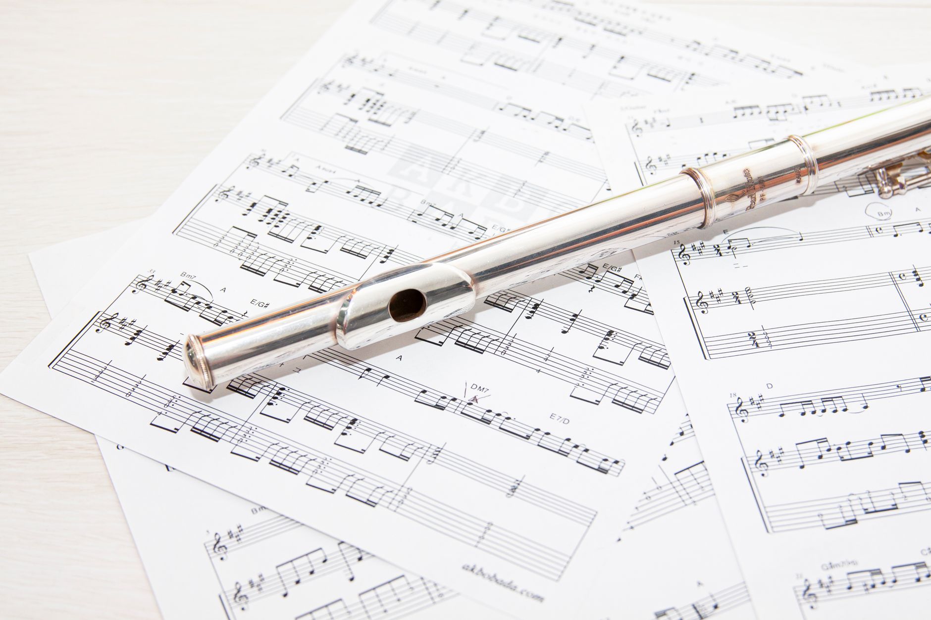 Close-up of a silver flute on a background of music sheets, highlighting musical themes.