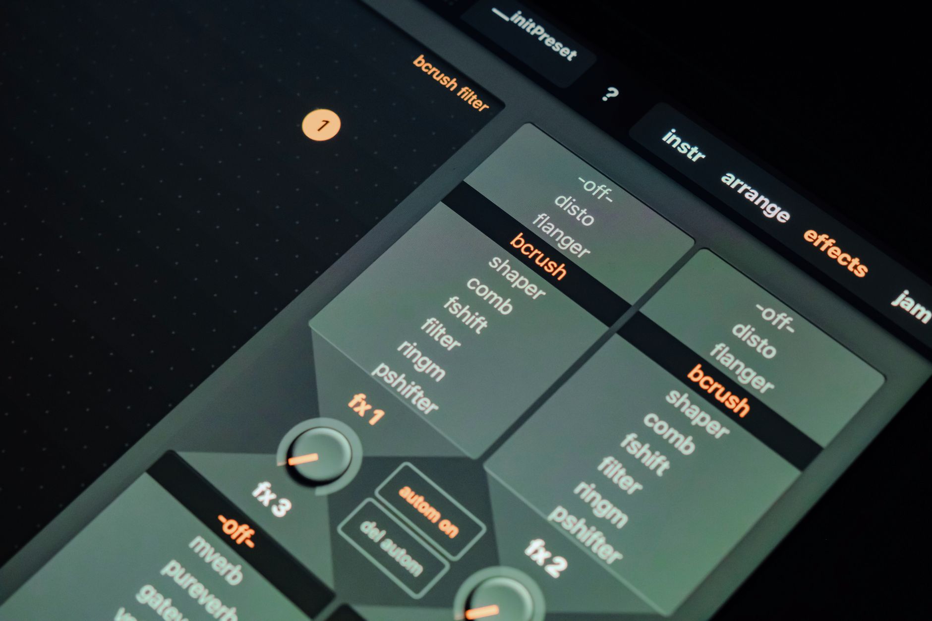 Close-up of digital music production interface showing various sound filter settings.